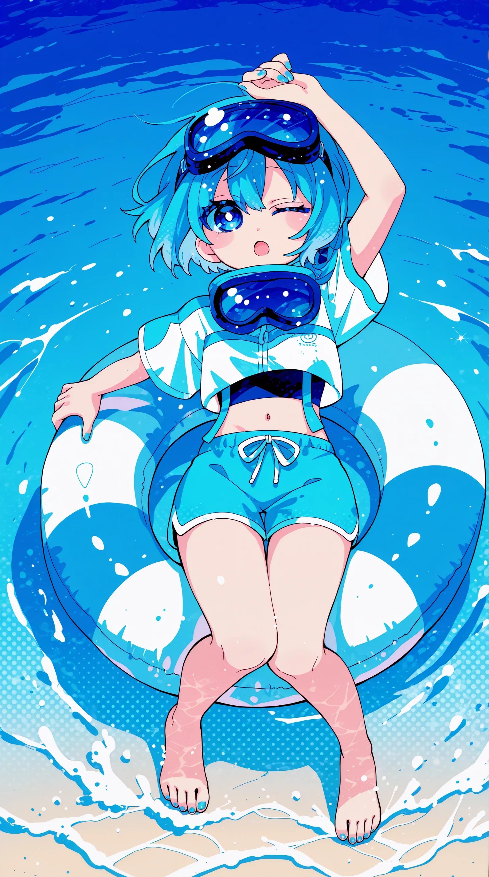 masterpiece, best quality,high quality, newest, highres,absurdres, traditional media, NanaseKirumi, solo, one eye closed, shorts, 1girl, barefoot, short hair, blue theme, innertube, navel, blue nails, blue eyes, short sleeves, blue hair, open mouth, goggles, shirt, nail polish, halftone, midriff, arm up, looking at viewer, full body, water, blue shorts, toenails <lora:Nanase_Kirumi_Style_IL:1>
