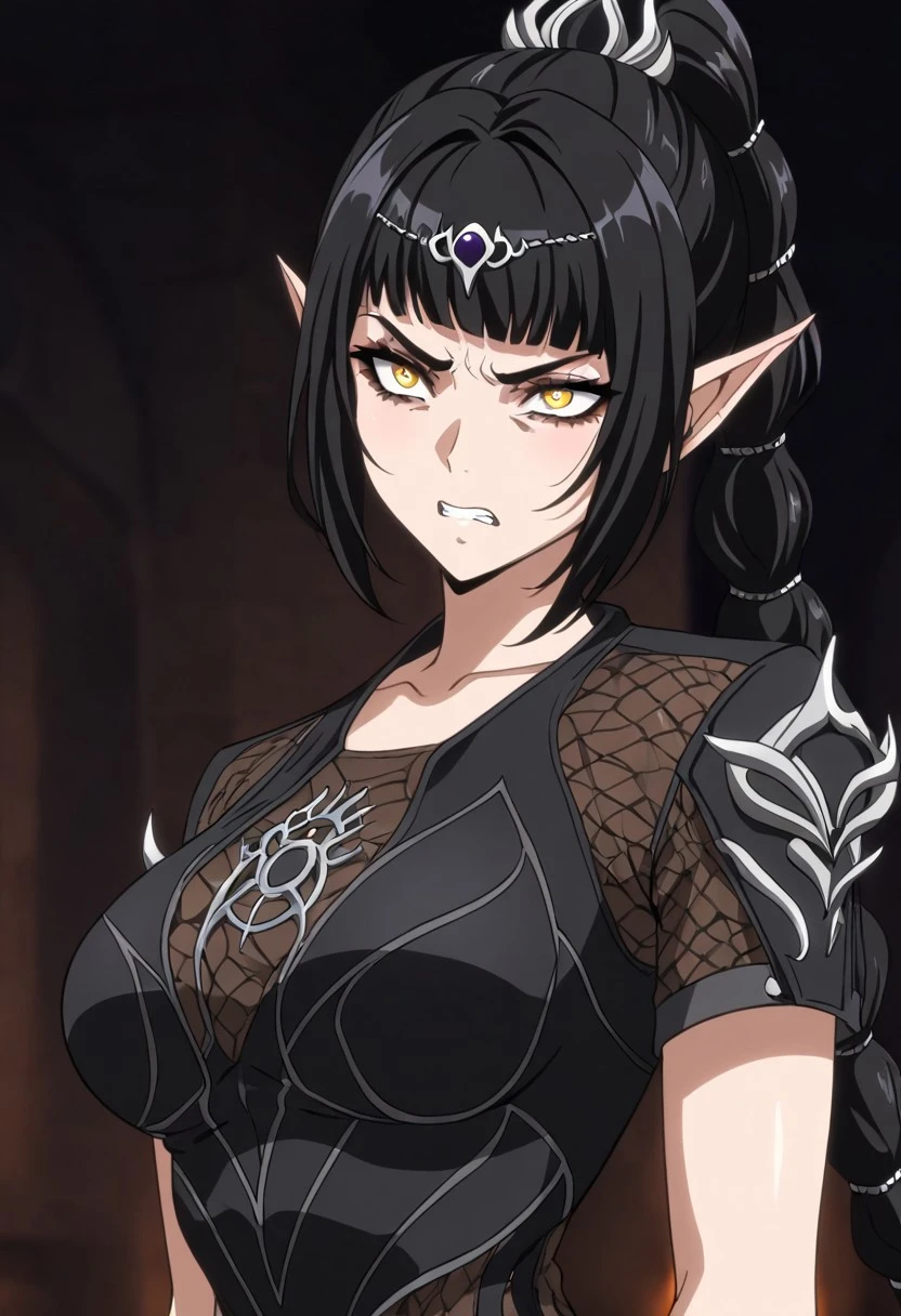 masterpiece, best quality, newest, absurdres, highres, KKSWHNS-Style-V1.0
1girl, shadowheart \(baldur's gate\), long braid, elf, pointy ears, black hair, braid, side bangs,
expressiveKuro-V1.0-angry, angry