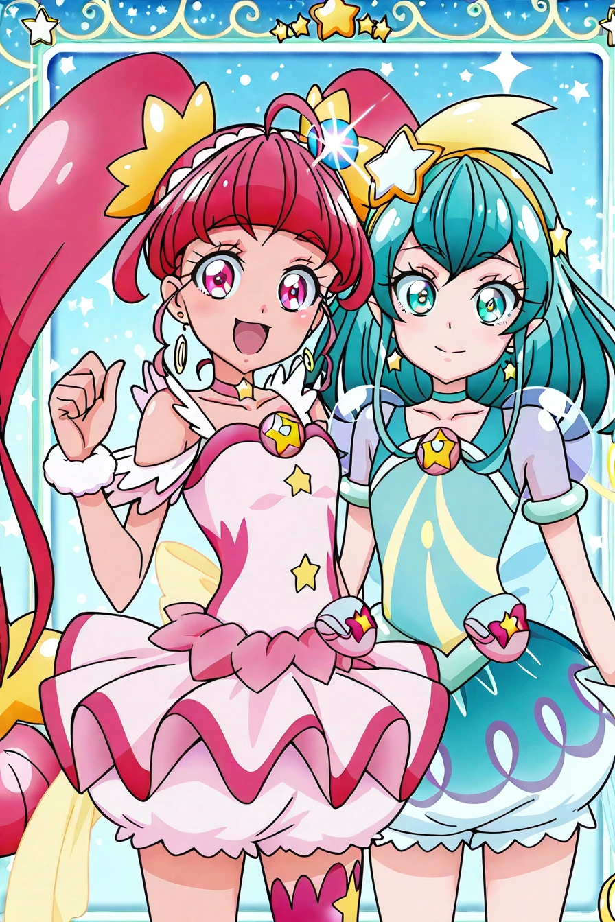 shiny skin, posing,
<lora:starpri.il:1.0>,
starpri,
2girls,
curestar, curemilky,
yuri, large breasts,