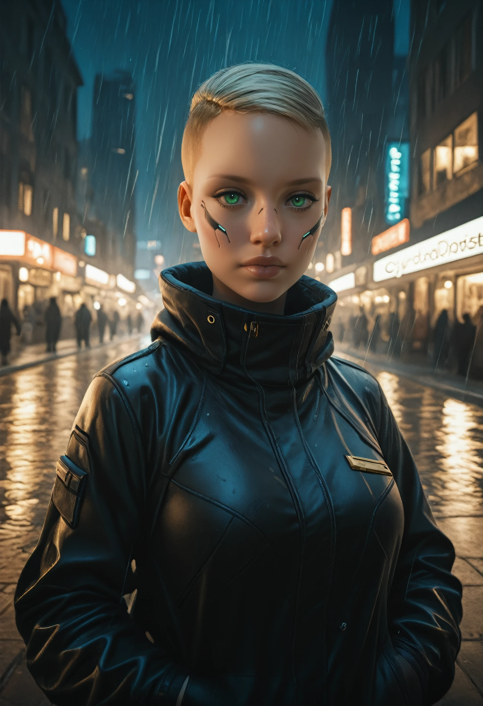 masterpiece, best quality, amazing quality, very aesthetic, absurdres, newest,
<lora:ILCyberSandraDorsett:1.0>
CyberSandraDorsett, 1girl, blonde hair, short hair, green eyes, looking at viewer, city at night, raining
