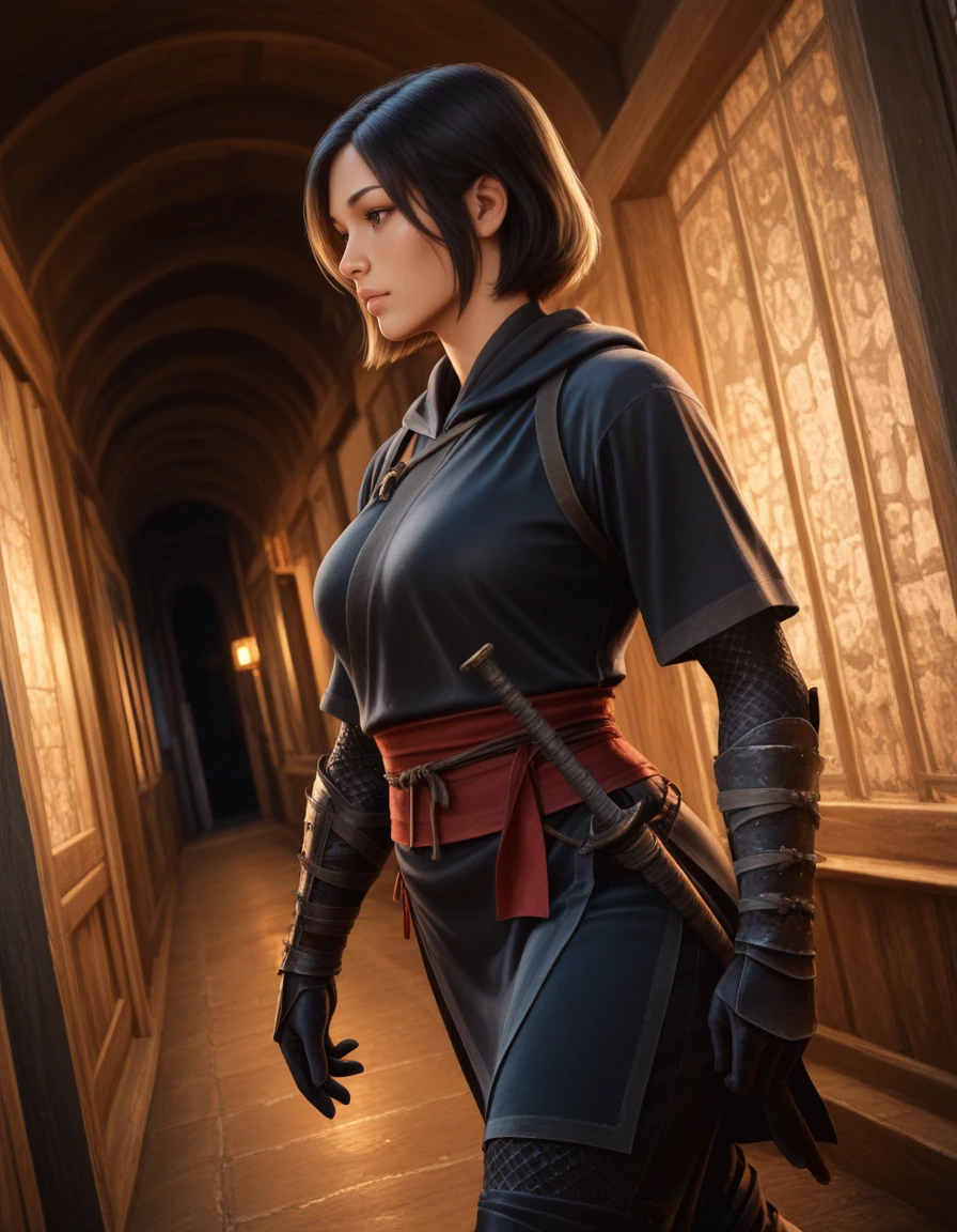 1girl, ACNaoe, gloves, black hair, brown eyes, short hair, dark [blue::0.4] ninja outfit, [red sash::0.4],
, walking, dynamic angle, from side, indoors, medieval, ancient japan, night, ancient japan,
,  masterpiece, best quality, realistic, <lora:IL_ACShadows_t4-100-64:1.0>