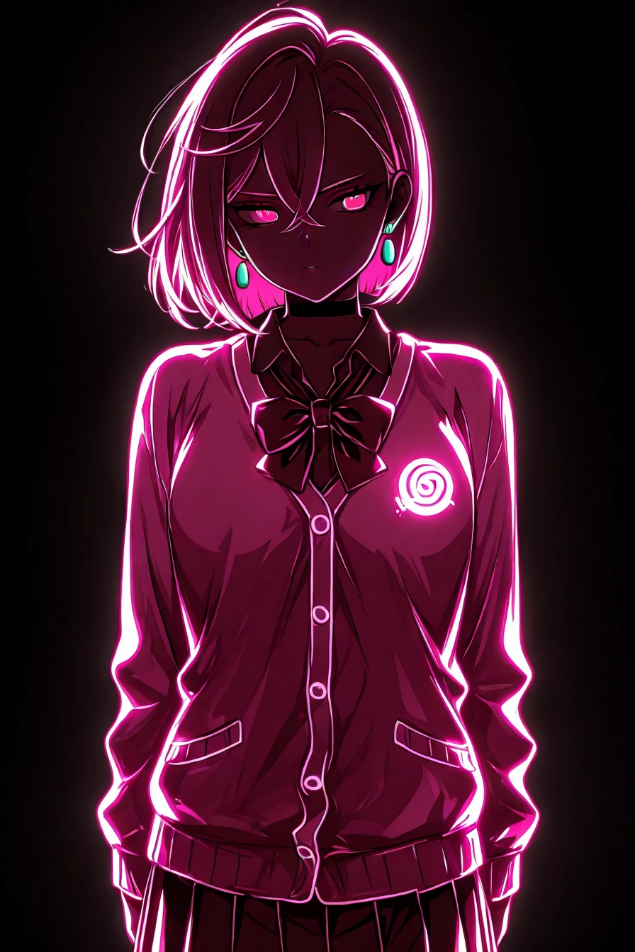 <lora:ayase_momo-koto-Illustrious v01:0.4> ayasemomo, hair between eyes, crossed bangs, green earrings, red eyes, choker, short hair, shirt, bowtie, pleated skirt,school uniform, pink cardigan, glowing cardigan, long sleeves, 1girl, solo, alone, <lora:neon_silhouette_illustriousXL:1>, neon_silhouette_style, monochrome, masterpiece, highres