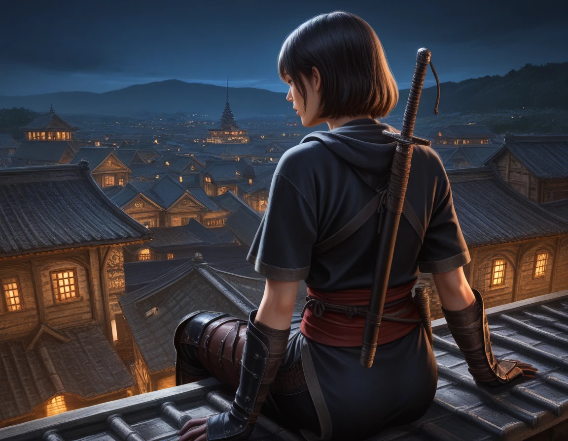 1girl, ACNaoe, gloves, black hair, brown eyes, short hair, dark [blue::0.4] ninja outfit, [red sash::0.4], sword on back,
,from behind, sitting,  facing away
, , night, rooftop, village, medieval, feudal japan, japanese castle
,  masterpiece, best quality, realistic, <lora:IL_ACShadows_t4-100-64:1.0>