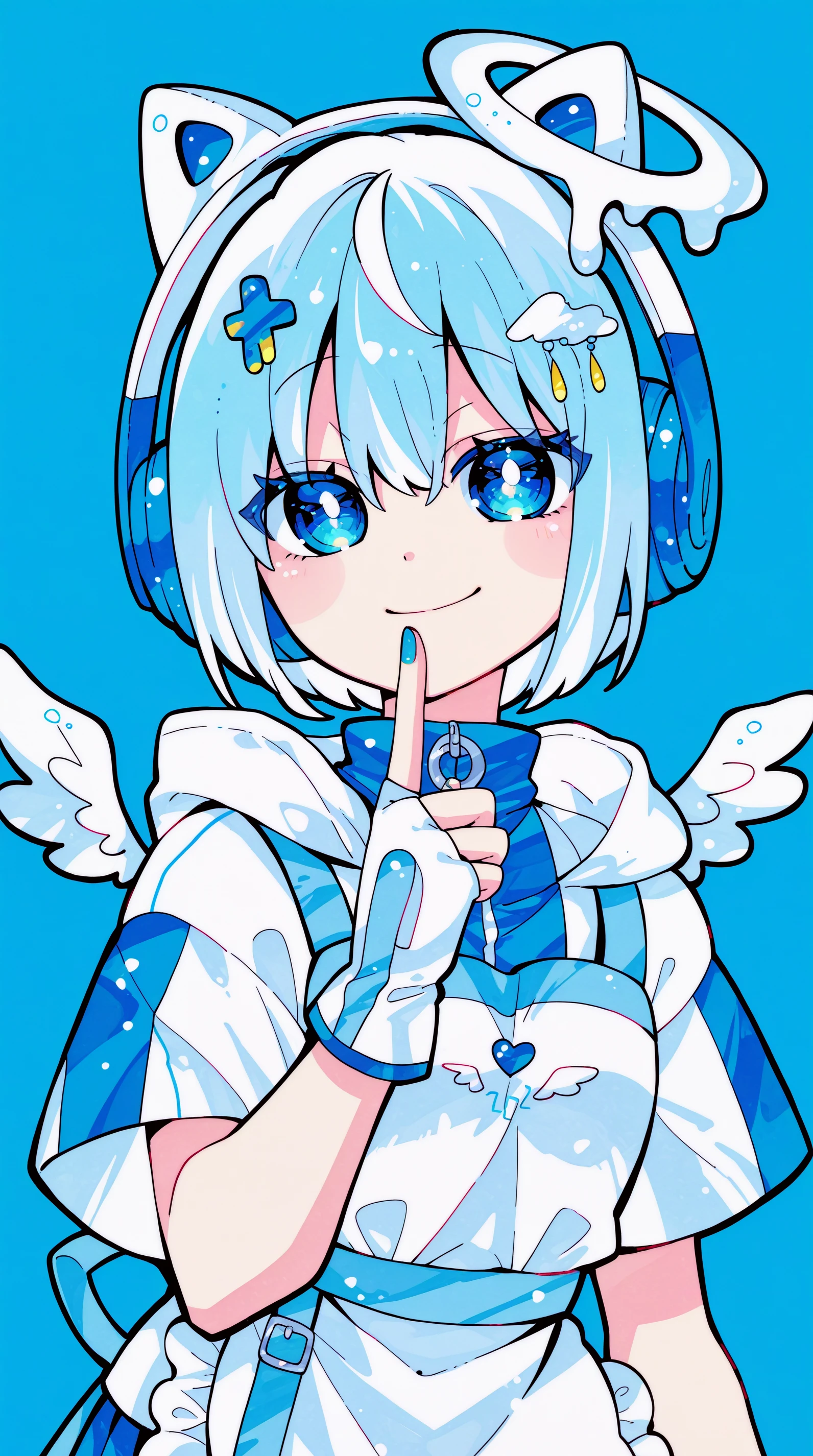 masterpiece, best quality,high quality, newest, highres,absurdres, traditional media, NanaseKirumi, solo, 1girl, wings, blue background, smile, looking at viewer, short hair, simple background, short sleeves, headphones, upper body, gloves, angel wings, hood, animal ears, blue eyes, fake animal ears, apron, puffy short sleeves, hair ornament, symbol-shaped pupils, index finger raised, finger to mouth, blue theme, fingerless gloves, blue nails, bangs <lora:Nanase_Kirumi_Style_IL:1>
