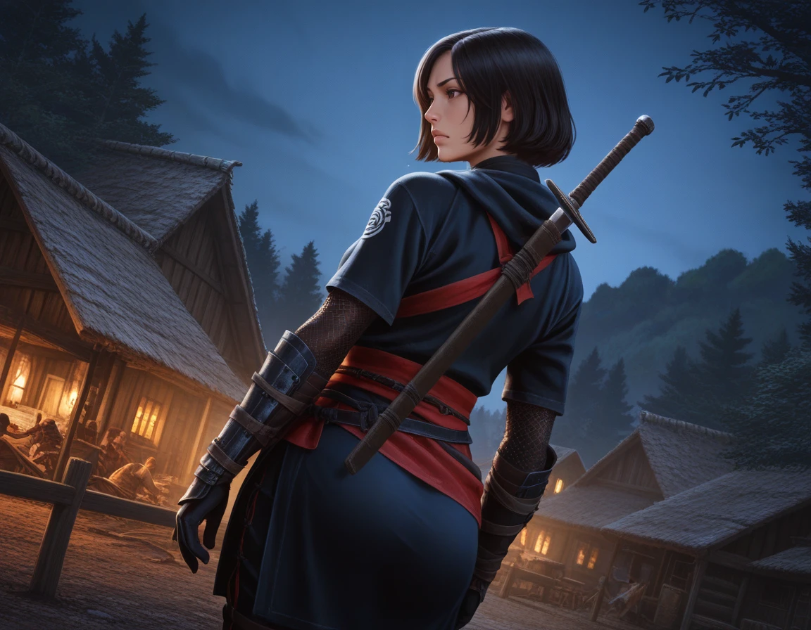 1girl, ACNaoe, gloves, black hair, brown eyes, short hair, dark [blue::0.4] ninja outfit, [red sash::0.4], sword on back, 
from behind, feudal japan, medieval, dynamic angle
, outdoors, trees, village, serious expression
,,,
, night
,  masterpiece, best quality, realistic, <lora:IL_ACShadows_t4-100-64:1.0>