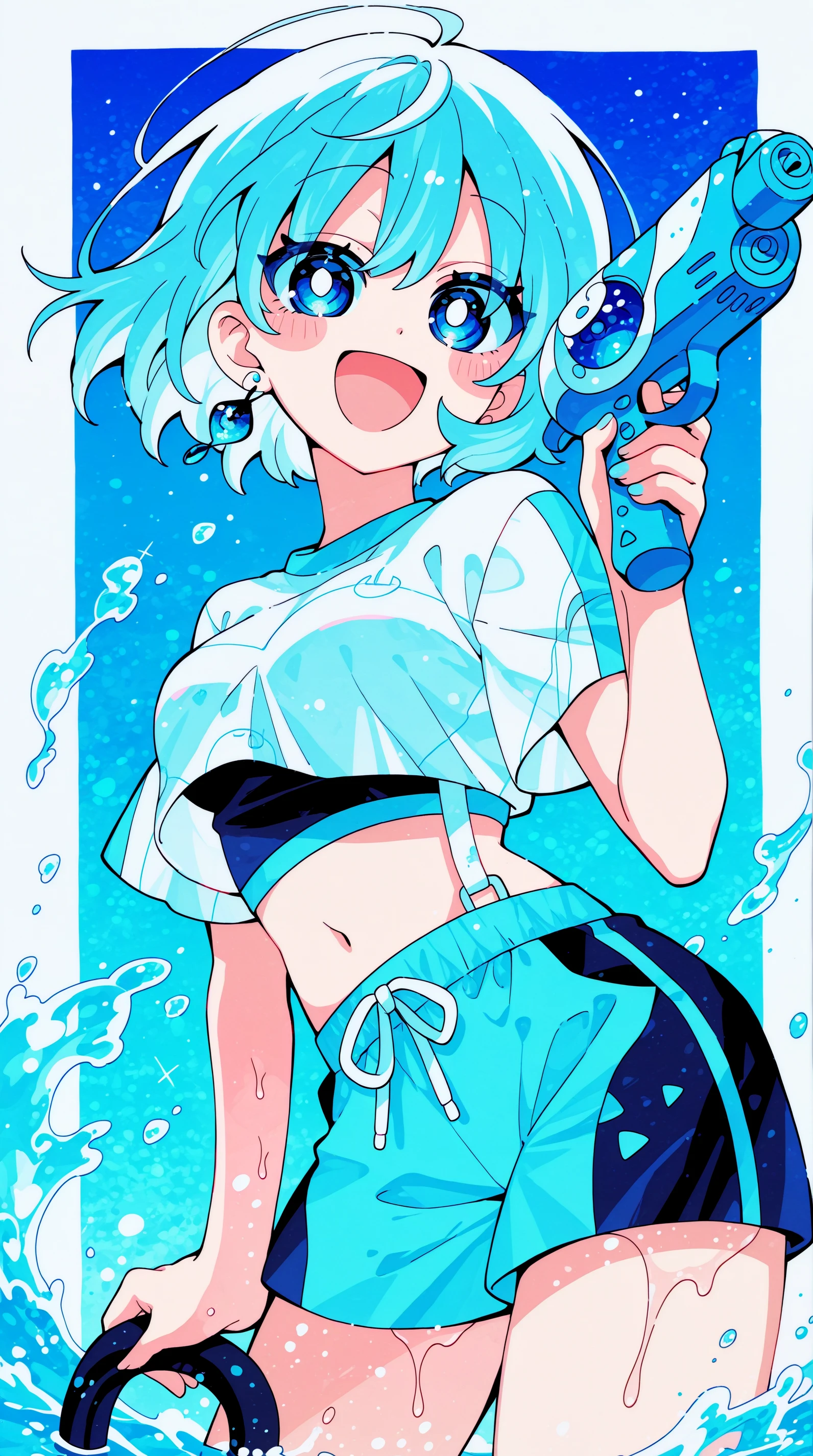 masterpiece, best quality,high quality, newest, highres,absurdres, traditional media, NanaseKirumi, solo, 1girl, holding, open mouth, short hair, smile, navel, earrings, midriff, jewelry, looking at viewer, blue theme, blue eyes, water gun, short sleeves, microphone, aqua theme, weapon, :d, shorts, blush stickers, shirt <lora:Nanase_Kirumi_Style_IL:1>