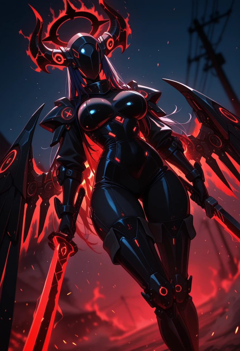 (masterpiece, best quality:1.2), amazing quality, very aesthetic, 32k, absurdres, newest, scenery,
1girl, solo, naughty face, mature female, dark blue hair, holding weapon, ootachi, aiming_at_viewer, pointing melee weapon, pointing sword, black mechanical wings, glowing black halo, black bodysuit, black_hole, utility pole, thigh boots, full armor, helmet, (covered eyes:1.1), (dark_aura:1.3), red energy, energy wings, energy halo, glowing flame, glowing energy, windy, huge horns, fiery horns, glowing horns, outdoors, architecture, night, dust, embers, (glowing light particles:1.2), (Backlighting, blurry background:1.2), depth of field, red theme, naughty face, mature female,
,dutch angle, dark background, (night:0.8), blurry background, glowing light particles, depth of field <lora:PHM_style_IL_v3.3:1.0>