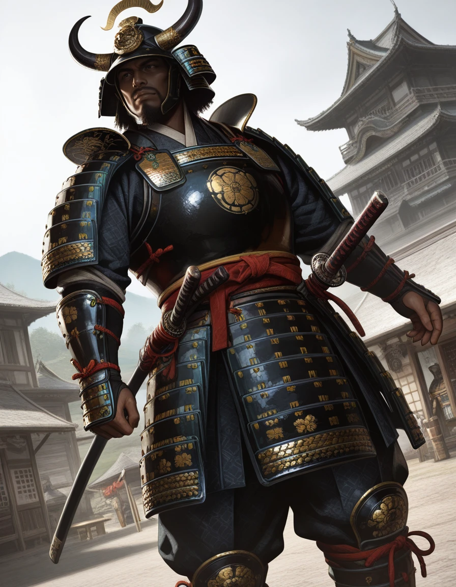 1boy, ACYasuke, samurai armor, facial hair, helmet, katana, samurai, dark-skinned male, dynamic angle
, ancient japan, village, japanese castle, medieval
, masterpiece, best quality, realistic, <lora:IL_ACShadows_t4-100-64:1.0>
