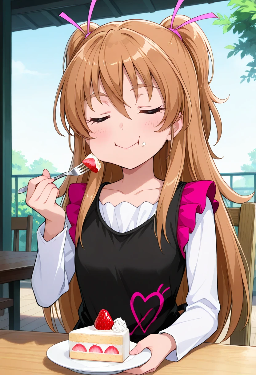 masterpiece, best quality, absurdres, very aesthetic, general,
houjou hibiki, casual, 1girl, closed eyes, fork, two side up, eating, solo, plate, chair, hair ribbon, brown hair, holding fork, table, :t, long sleeves, indoors, collarbone, eyelashes, white shirt, shiny hair, holding plate, closed mouth, pink ribbon, frills, upper body, very long hair, sitting, eyebrows visible through hair, orange hair, smile, hair between eyes, half updo, blonde hair, black dress, food on face, apron, black vest, hair ornament, dish, chewing, wooden chair, twintails, purple ribbon, desk, light brown hair, strawberry shortcake, outdoors, heart print
 <lora:cure_melody_houjou_hibiki_illustXL_locon_v1:0.7>