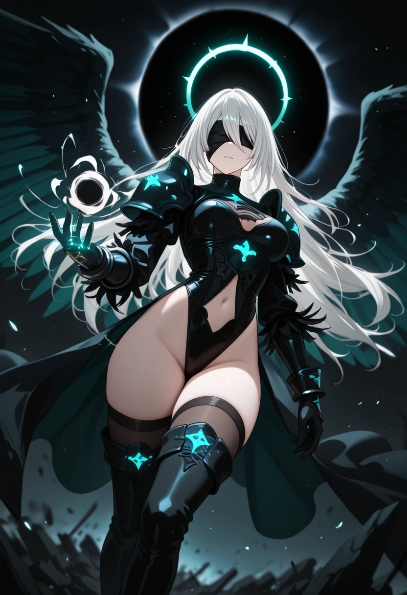(masterpiece, best quality:1.2), amazing quality, very aesthetic, 32k, absurdres, newest, scenery,
(black blindfold, covered eyes:1.1), (2b_(nier:automata):0.6) , (ulquiorra_cifer:0.8), 1girl, solo, (casting spell:1.2) , (black_hole:1.2), raised hand, casting black hole, mini black hole on hand, event horizon, hair between eyes, white hair, black leotard, pauldrons, gauntlets , thigh boots, black armor, breastplate, midriff, navel, neon_trim , lace_trim , halo, dutch angle, debris, mature female, huge wings, serious, medium breasts,
,dutch angle, dark background, (night:0.8), blurry background, glowing light particles, depth of field <lora:PHM_style_IL_v3.3:1.0>