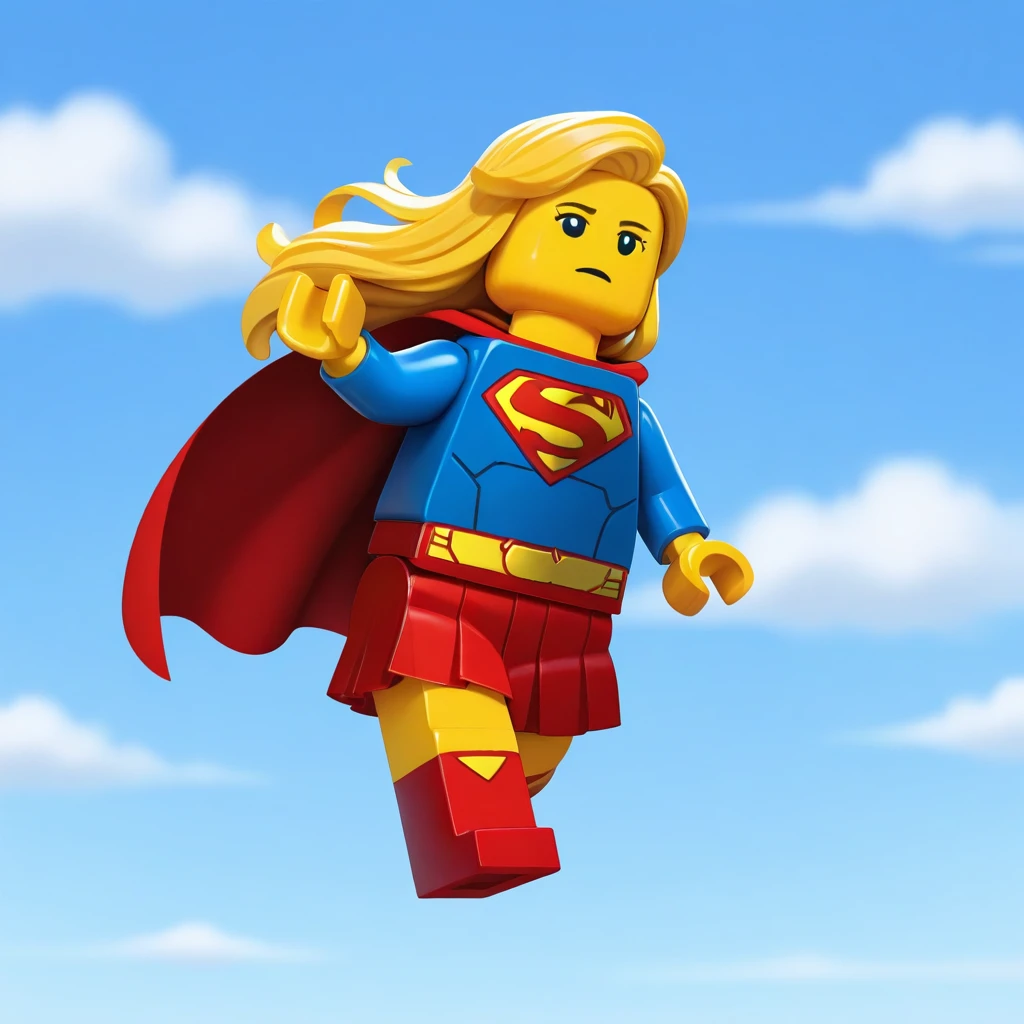 masterpiece, best quality, legominifigures, lego, no humans, 1girl, solo, blonde hair, long hair, black eyes, supergirl, red skirt, red cape, red boots, <lora:LegoMinifigureArtwork_illustrious_Leaf1:1>, flying, blue sky,