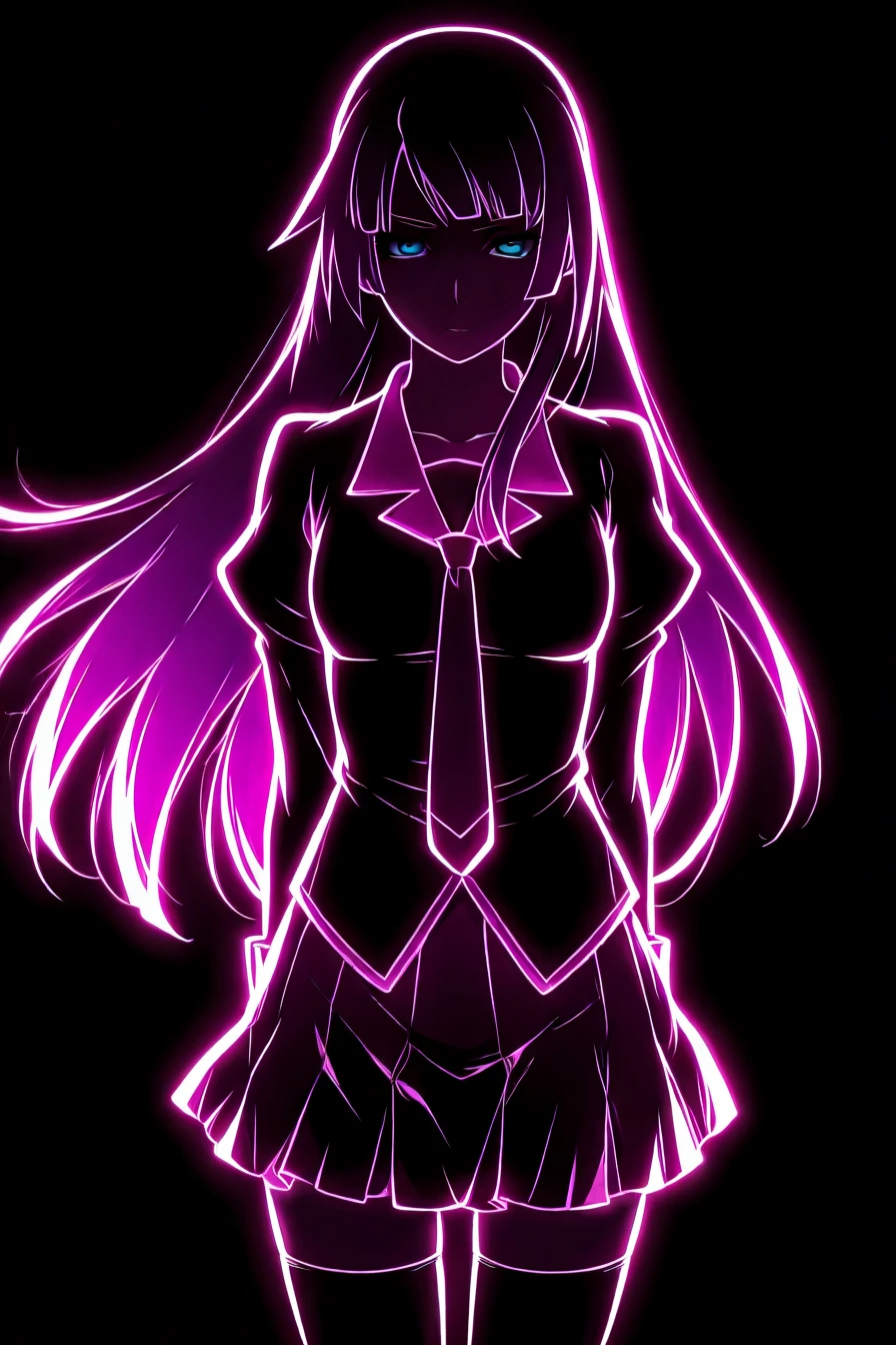 hitagi senjougahara, bangs, long hair, blue eyes, purple hair,skirt, thighhighs, school uniform, necktie, black thighhighs, zettai ryouiki, naoetsu high school uniform, 1girl, solo, alone, <lora:neon_silhouette_illustriousXL:1>, neon_silhouette_style, silhouette, shaded face, monochrome, masterpiece, highres