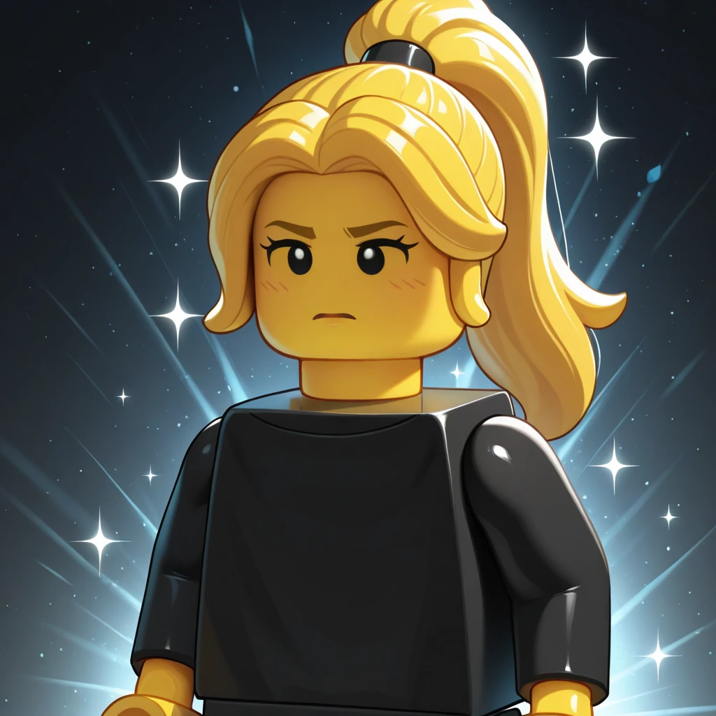 masterpiece, best quality, legominifigures, lego, no humans, 1girl, solo, blonde hair, long hair, high ponytail, black eyes, black shirt, upper body, <lora:LegoMinifigureArtwork_illustrious_Leaf1:1>, sparkle background,