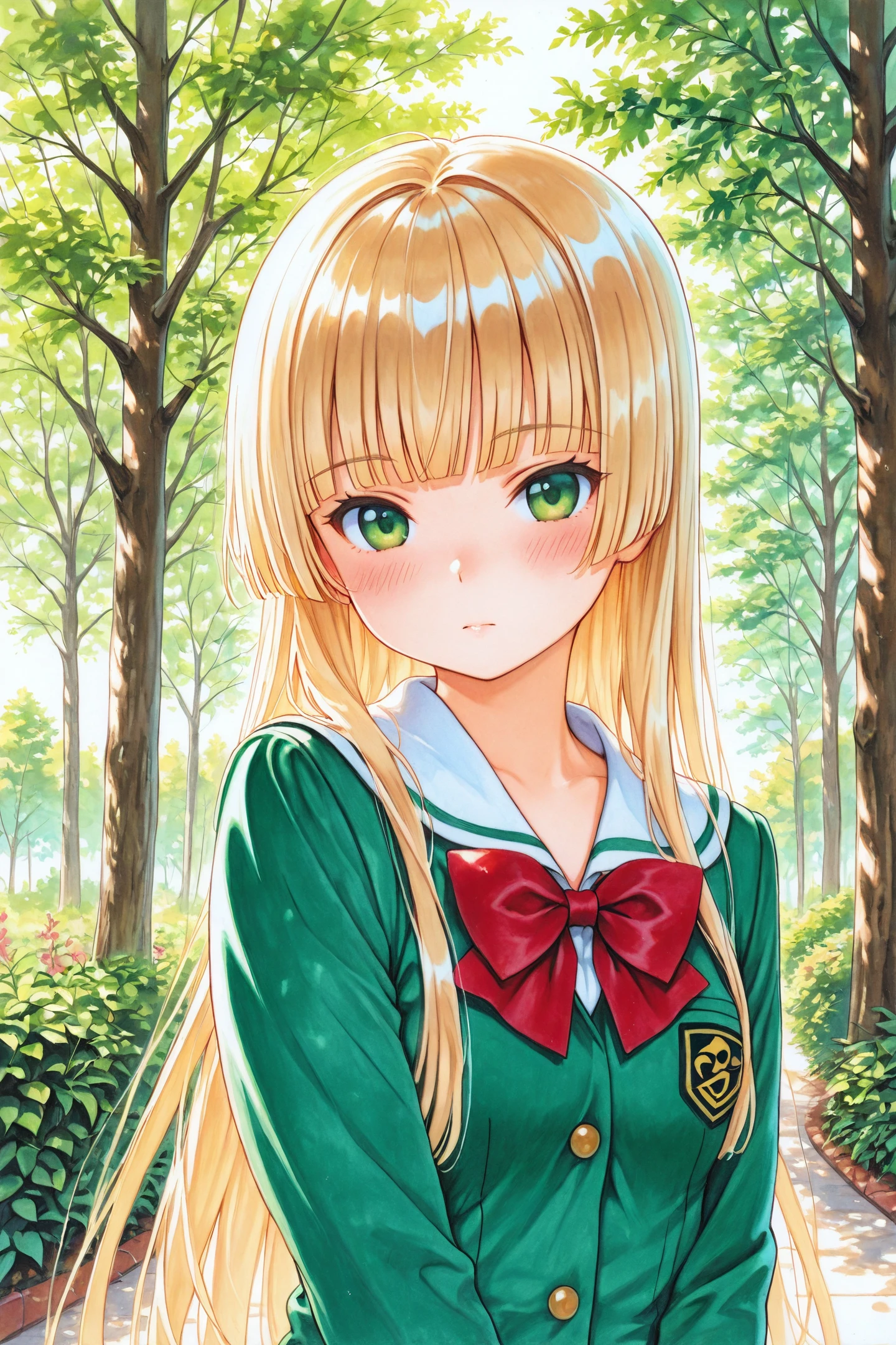 Victorique De Blois,1girl,solo,blonde hair,long hair,green eyes,light green school uniform,tree,blush,day,traditional media,red bow,hime cut,looking at viewer,
<lora:Hinata Takeda_illustriousXL:0.8>,
