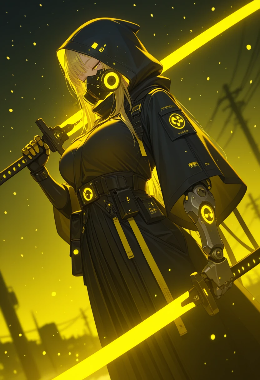 (masterpiece, best quality:1.2), amazing quality, very aesthetic, 32k, absurdres, newest, scenery,
1girl, snowing, mask, yellow eyes, weapon, hood, mechanical arms, utility pole, holding, holding weapon, outdoors, snow, power lines, respirator, over shoulder, single mechanical arm, weapon over shoulder, gas mask, solo, sword, breasts, long hair, glowing, belt, yellow theme, mouth mask ,dutch angle
,half-closed eyes,
,dutch angle, dark background, (night:0.8), blurry background, glowing light particles, depth of field <lora:PHM_style_IL_v3.3:1.0>