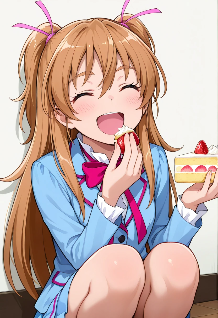 masterpiece, best quality, absurdres, very aesthetic, general,
houjou hibiki, aria gakuen school uniform, 1girl, closed eyes, two side up, solo, open mouth, blue shirt, smile, brown hair, eyelashes, pink bow, hair ribbon, :d, ^ ^, eating, sitting, long sleeves, happy, bowtie, blush, blue jacket, pink ribbon, orange hair, holding food, eyebrows visible through hair, shadow, blonde hair, pink neckwear, hair ornament, facing viewer, white shirt, blazer, strawberry shortcake, hair between eyes, shiny hair, indoors, upper body, knees up, very long hair, eyebrows, red neckwear blue, skirt, squatting, neck ribbon, ^o^, half updo, dress shirt, hand on own , cake slice
 <lora:cure_melody_houjou_hibiki_illustXL_locon_v1:0.7>