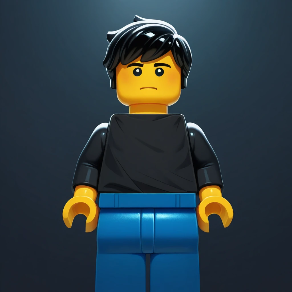 masterpiece, best quality, legominifigures, lego, no humans, 1boy, solo, black hair, short hair, black eyes, black shirt, blue pants, cowboy shot,<lora:LegoMinifigureArtwork_illustrious_Leaf1:1>,