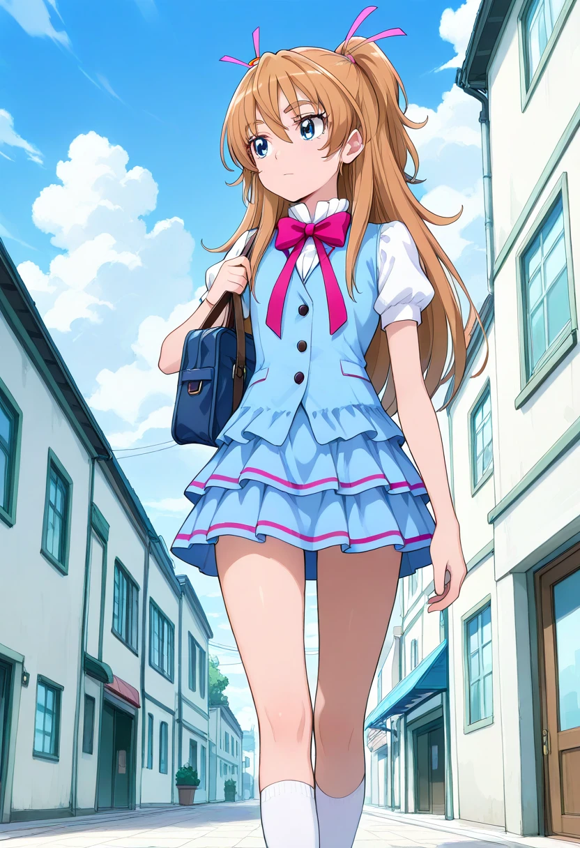 masterpiece, best quality, absurdres, very aesthetic, general,
houjou hibiki, aria gakuen school uniform, 1girl, solo, school uniform, two side up, long hair, blue eyes, eyelashes, kneehighs, blue skirt, blue shirt, orange hair, socks, brown hair, walking, white legwear, outdoors, standing, bowtie, school bag, short sleeves, blue vest, miniskirt, pink bow, hair ornament, puffy sleeves, building, twintails, half updo, hair ribbon, pleated skirt, legs, expressionless, white shirt, cloudy sky, 
 <lora:cure_melody_houjou_hibiki_illustXL_locon_v1:0.7>