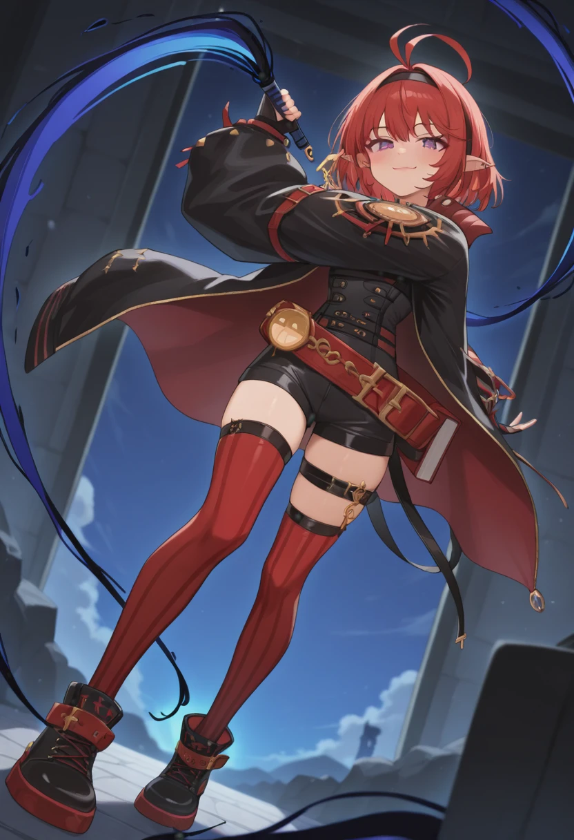 masterpiece,best quality,absurdres,perfect lighting,
*//*,<lora:DFO_SummonerNeo-Illustrious:1>,summoner_neo,1girl,solo,red hair,short hair,ahoge,purple eyes,pointy ears,hairband,belt,black gloves,fingerless gloves,high-waist shorts,striped,black jacket,open jacket,thighhighs,thigh strap,shoes,key,ear piercing,full body,smile,closed mouth,(pink lips:0.8),whip,holding whip,
*//*,looking at viewer,cowboy shot,dutch angle,dynamic pose,