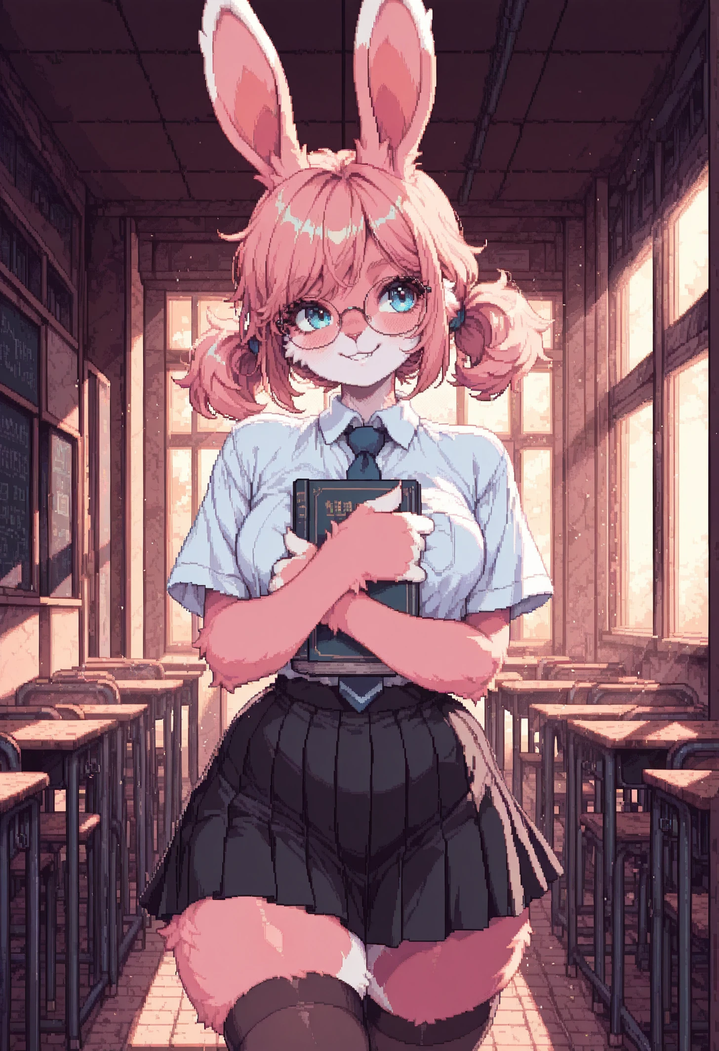 <lora:illustrious_quality_modifiers_masterpieces_v1:1> masterpiece, very aesthetic, absurdres, best quality, amazing quality, vibrant lighting, <lora:DetailedPixelArtILL:1> dpa, pixel art, school background, hugging book, facing viewer, adult female, 1girl, solo, <lora:Nerine_OC:1 Nerine, anthro, bunny girl, blue eyes, glasses, front teeth, closed mouth, smile, pink fur, white fur, multicolored fur, pink bunny ears, wrist fur, short hair, pink hair, long twintails, curvy body, medium breasts, school girl top, necktie, black skirt, thighhigh socks,