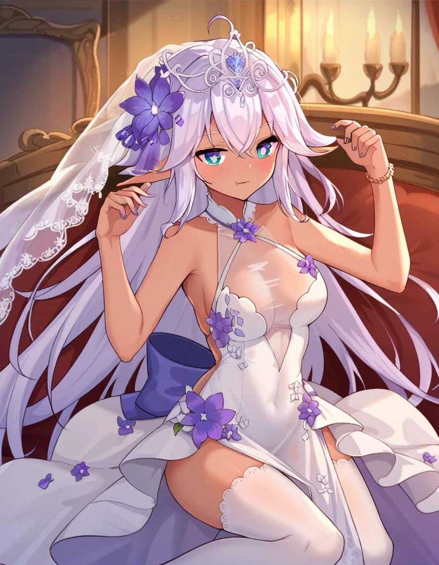 Emilia Re:Zero, white hair, white crown braid, purple ribbons in hair, white flower in hair, white lingerie, x hair ornament, purple eyes, long hair, medium breasts, fox ears, fox girl, 1girl, solo,
(masterpiece:1.1), (best quality:1.1), (ultra-detailed:1.1), (illustration:1.1), medium breasts, one piece lingerie, bra, panties, camel toe, lacy white lingerie, cleavage cutout, midriff, looking at viewer, cowboy shot, blushing