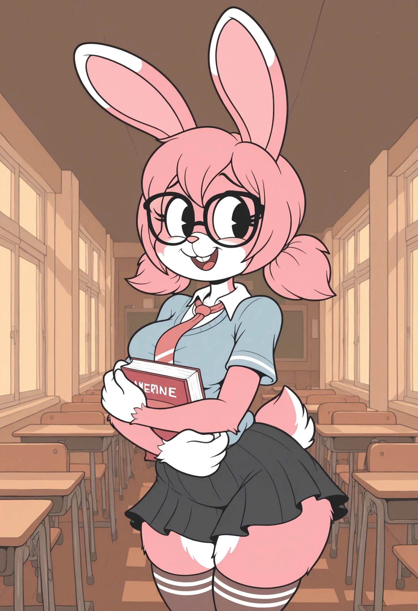 <lora:RetroToonXL_Style:1> RetroXL, toon \(style\), flat color, black eyes, school background, hugging books, facing viewer, adult female, 1girl, solo, <lora:Nerine_OC:1> Nerine, anthro, bunny girl, glasses, front teeth, closed mouth, smile, pink fur, white fur, multicolored fur, pink bunny ears, wrist fur, short hair, pink hair, long twintails, curvy body, medium breasts, school girl top, necktie, black skirt, thighhigh socks,