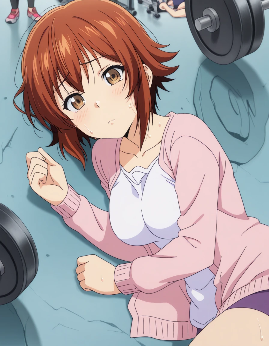 masterpiece, best quality, amazing quality,, <lora:chisa-kotegawa-s1-illustriousxl-lora-nochekaiser:1>, chisa kotegawa, short hair, bangs, brown hair, brown eyes, mature female, medium breasts, anime screencap, shirt, long sleeves, collarbone, white shirt, open clothes, cardigan, open cardigan,, gym, weights, machines, people, sweat, , yamcha pose (meme), crater, meme, on side, defeat, lying, on ground, on floor, looking at viewer, solo,, cowboy shot, solo