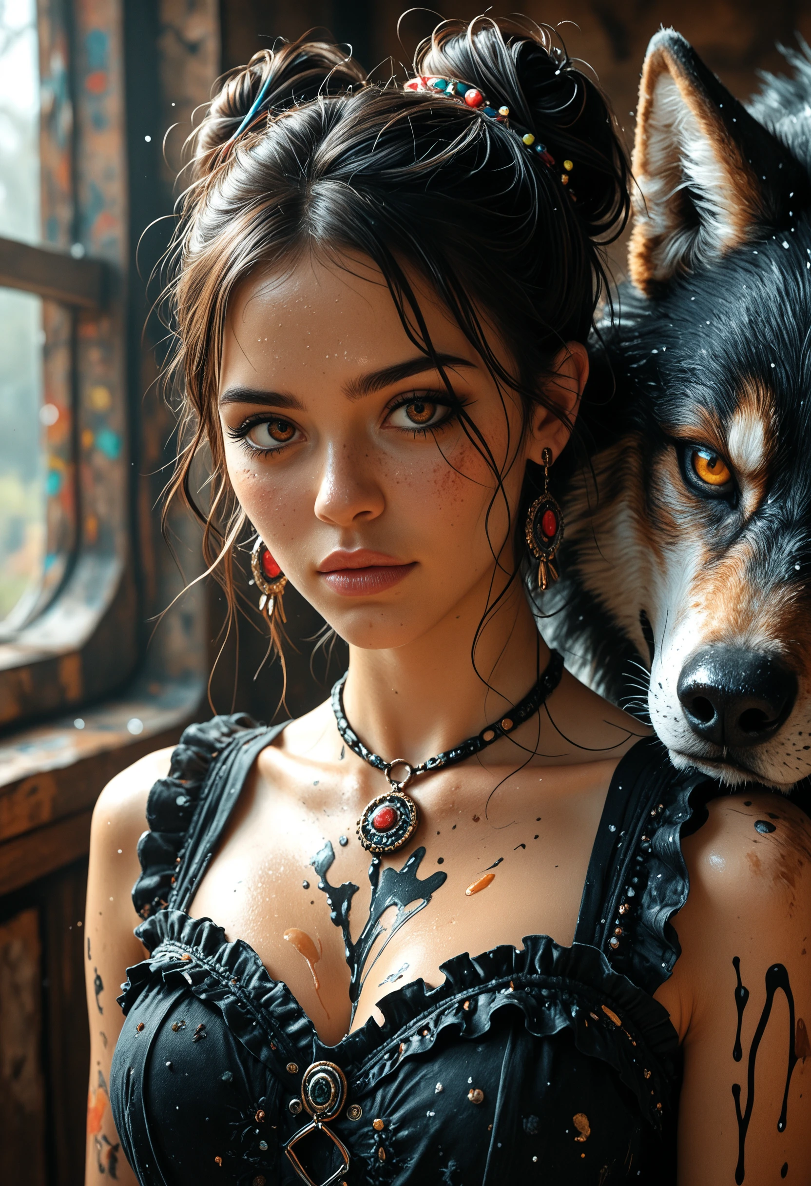 masterpiece, high_quality, highres, sharp_focus, detailed_eyes, anime, (Isekai Fantasy Style), (Grunge), portrait, face_focus,
1girl, Mexican, woman,messy_hair_bun, frilly_dress, side_glance,
animal, giant_wolf, black_wolf, beside, leaning,
ink_splash, neon_drips, colorful,
face_focus, dynamic, fisheye_angle,
high_fashion, earrings, jewelry, light_particles