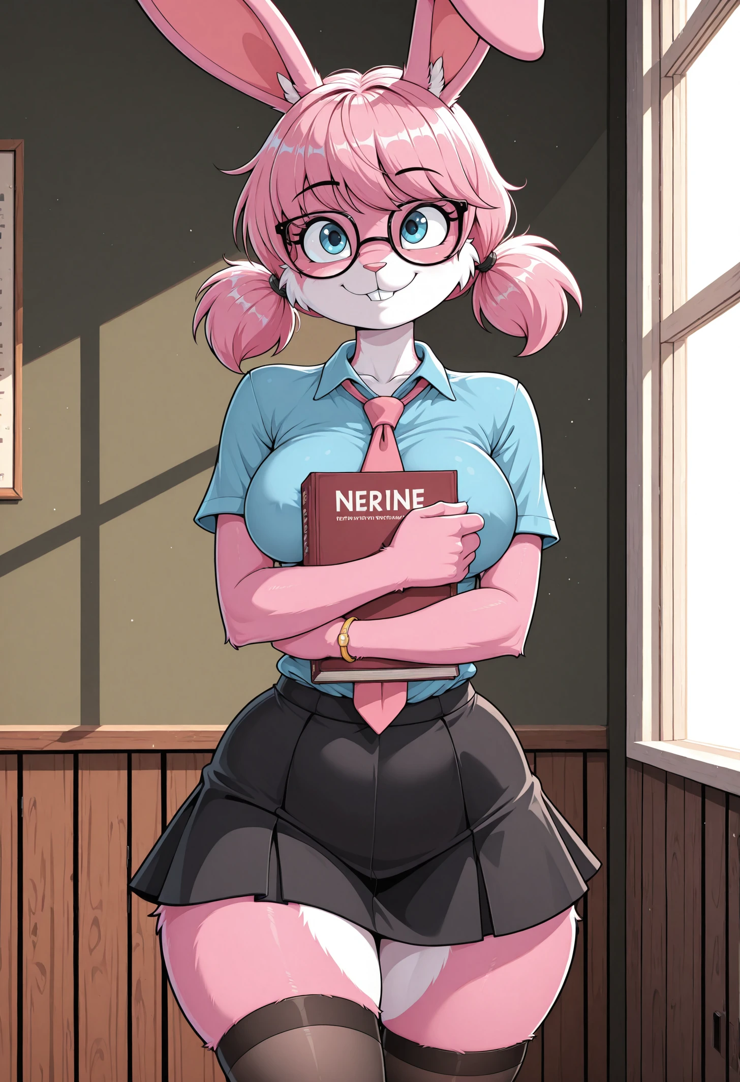 <lora:ACrocsComics_style:1> CrocXL, cartoon, school background, hugging book, facing viewer, adult female, 1girl, solo, <lora:Nerine_OC:1> Nerine, anthro, bunny girl, blue eyes, glasses, front teeth, closed mouth, smile, pink fur, white fur, multicolored fur, pink bunny ears, wrist fur, short hair, pink hair, long twintails, curvy body, medium breasts, school girl top, necktie, black skirt, thighhigh socks,