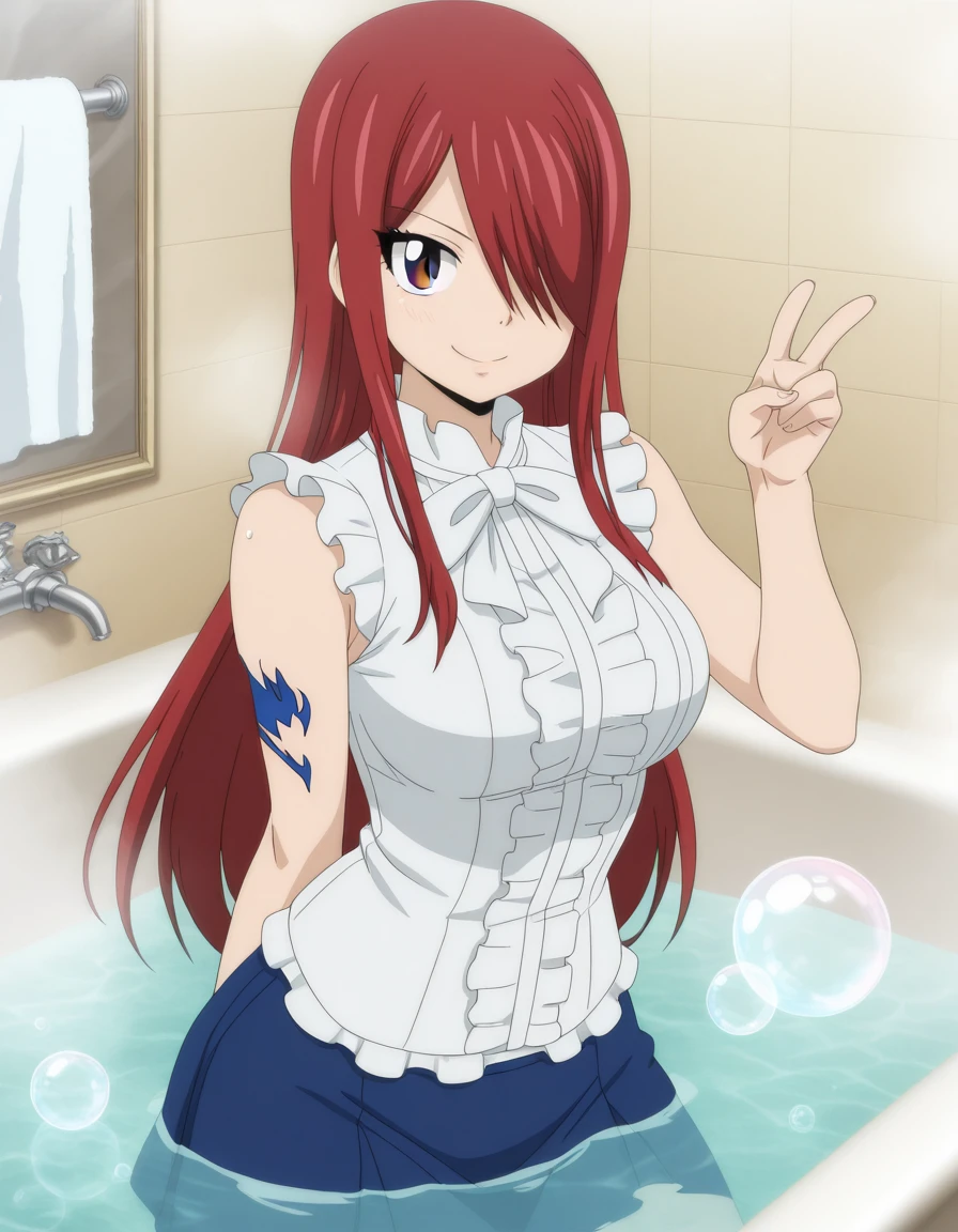 masterpiece, best quality, amazing quality,, <lora:erza-scarlet-100yq-illustriousxl-lora-nochekaiser:1>, erza scarlet, long hair, red hair, hair between eyes, brown eyes, hair over one eye, mature female, breasts, anime screencap, skirt, shirt, bow, boots, sleeveless, sleeveless shirt, tattoo, white shirt, frills,, bathtub, water, bubbles, steam, towel, smile, v, looking at viewer, solo,, cowboy shot, solo