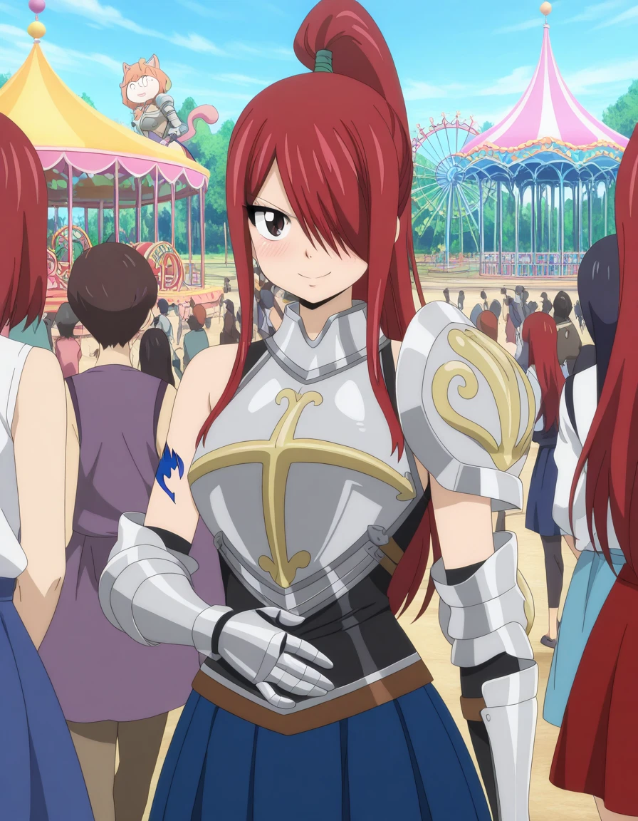 masterpiece, best quality, amazing quality,, <lora:erza-scarlet-100yq-illustriousxl-lora-nochekaiser:1>, erza scarlet, long hair, red hair, hair between eyes, brown eyes, ponytail, hair over one eye, high ponytail, mature female, breasts, anime screencap, armor, tattoo, shoulder armor, skirt, breastplate, gauntlets, blue skirt,, amusement park, rides, crowds, fun, colorful, smile, hand on stomach, blush, looking at viewer, solo,, cowboy shot, solo
