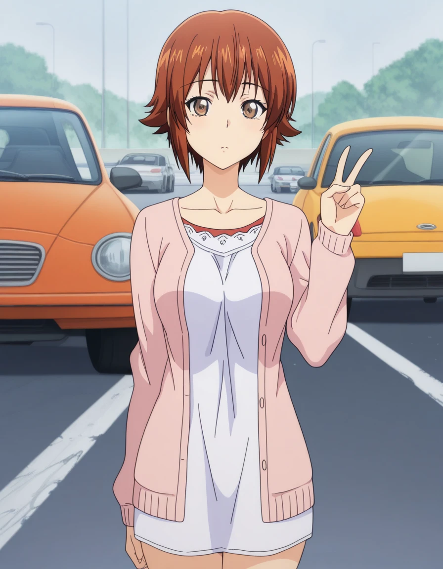 masterpiece, best quality, amazing quality,, <lora:chisa-kotegawa-s1-illustriousxl-lora-nochekaiser:1>, chisa kotegawa, short hair, bangs, brown hair, brown eyes, mature female, medium breasts, anime screencap, shirt, long sleeves, collarbone, white shirt, open clothes, cardigan, open cardigan,, parking lot, cars, asphalt, spaces, open, , v, looking at viewer, solo,, cowboy shot, solo