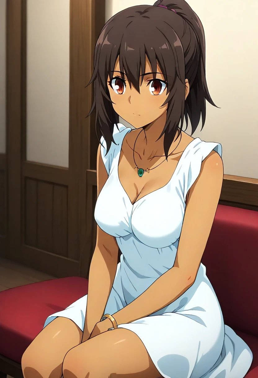 best quality, 1girl, shlay, ponytail, sidelocks, dark-skinned female, no ribbon, white dress, sleeveless, necklace, bracelet, sitting, <lora:shlay_s_il_1.1:1>