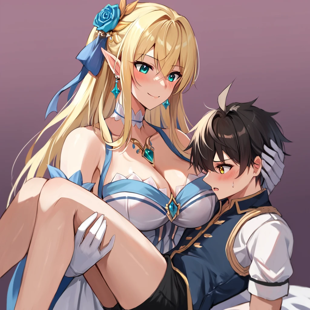 (mother and daughter, age_difference,size_difference), listening to the heartbeat , hugging each other,(Cum on body), embarrassed,blush,tears in eyes, sweat, , masterpiece, best quality, very aesthetic, absurdres, ,sword_maiden, long hair,blonde, black_blindfold, white dress, jewelry, necklace, detached sleeves,in a botanical garden,floating droplets of water,