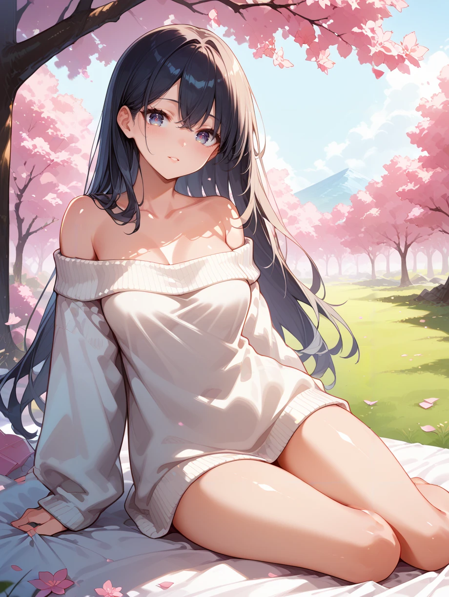score_9, score_8_up, score_7_up,source_anime, high res image, vivid,masterpiece,best quality,women,middle breasts,cute face,clear skin,shiny hair,ultra detailed eyes, mole under one eye, <lora:wavy hair_pony_V1.0:1> wavy hair,long hair,off-shoulder sweater,thighs,cherry blossom,wind,on sheet, tree,break,<lora:yokozuwari_pony_V1.0:1> yokozuwari, arm support