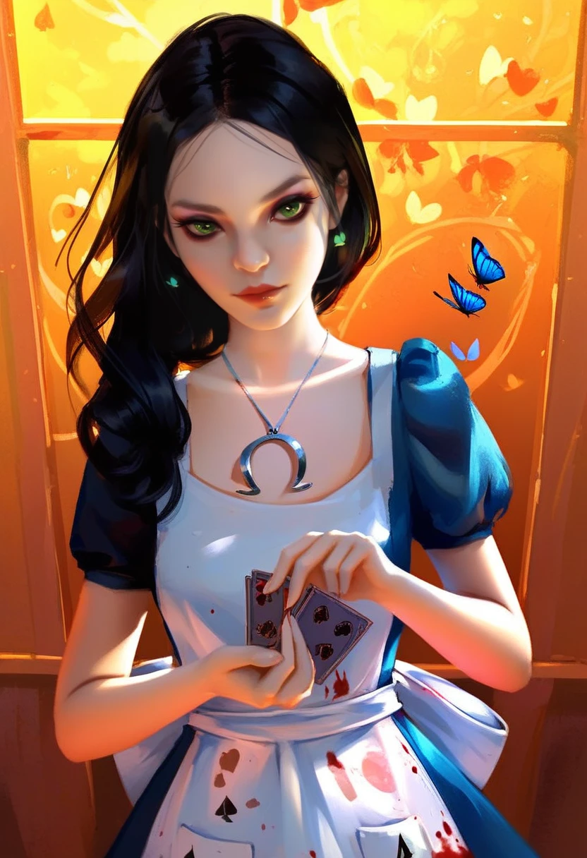 1girl, solo, black hair, green eyes, apron, blue dress, blue butterflies around, makeup, blood on apron, AMRCD, horseshoe pendant, holding deck of playing cards, <lora:AliceMadnessReturnSPonyV9P:1>, <lora:Wlop_v3_Style_PonyXL:0.8> by wlop. wlop, score_9, score_8_up, score_7_up,