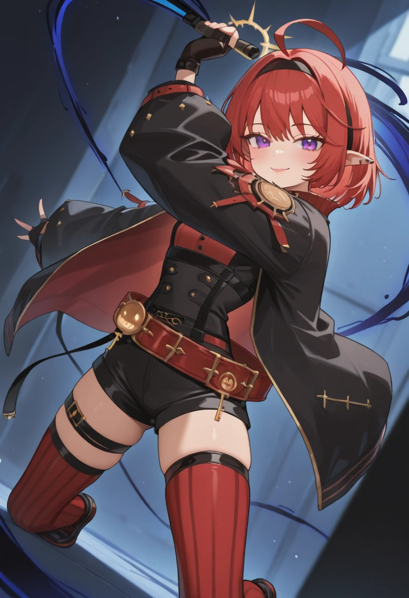 masterpiece,best quality,absurdres,perfect lighting,
*//*,<lora:DFO_SummonerNeo-Illustrious:1>,summoner_neo,1girl,solo,red hair,short hair,ahoge,purple eyes,pointy ears,hairband,belt,black gloves,fingerless gloves,high-waist shorts,striped,black jacket,open jacket,thighhighs,thigh strap,shoes,key,ear piercing,full body,smile,closed mouth,(pink lips:0.8),whip,holding whip,
*//*,looking at viewer,cowboy shot,dutch angle,dynamic pose,