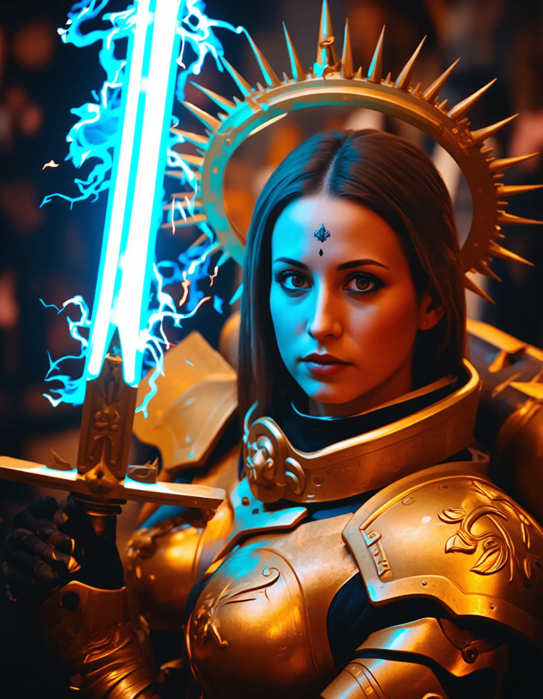 best quality, masterpiece, HDR photorealistic image, extremely detailed, great lighting, BREAK, Female brazilian knight in full armor, hkstyle, white with gold embellishments, bangs, earrings, holding a legendary sword by the hilt, the sword glowing rainbow, in a gothic cathedral, shafts of light from the windows, High Definition HD, High Detail, Perfect Composition, dark fantasy movie, cowboy shot, volumetric light, bright intense rim light on subject, hard shadow, burst of light, dust particles