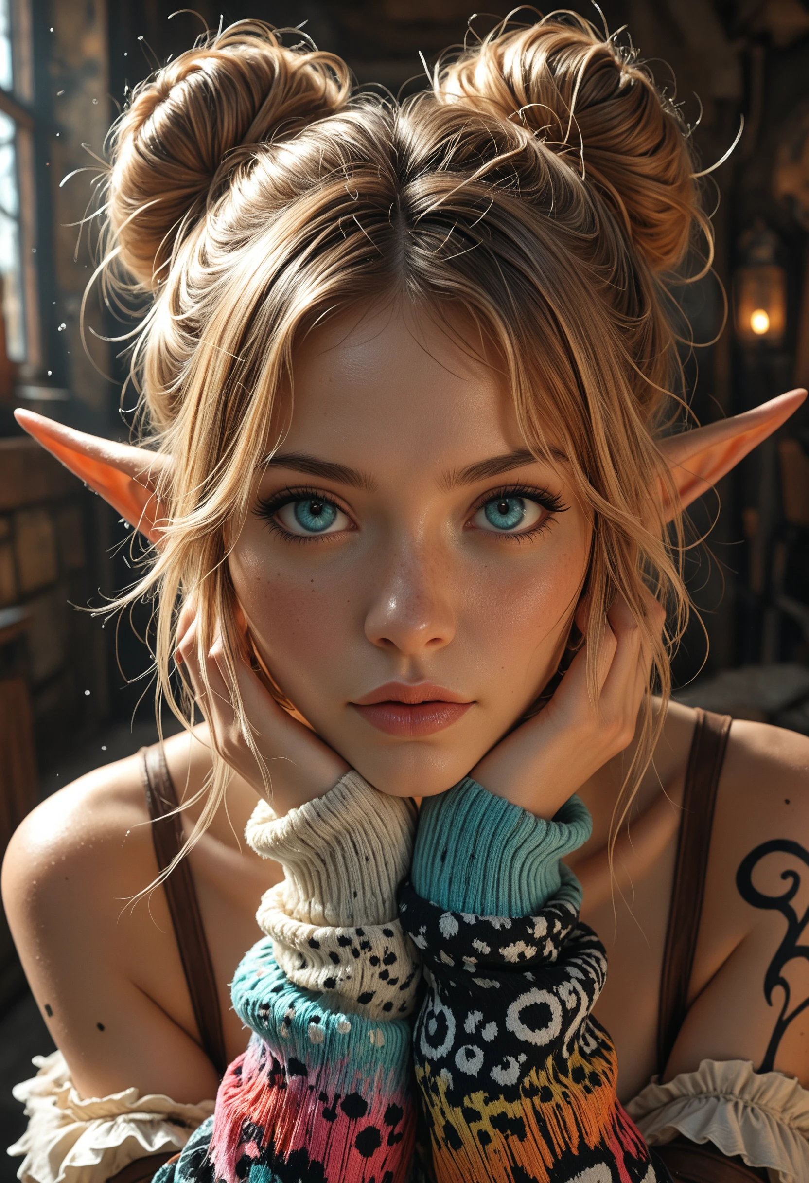 masterpiece, high_quality, highres, sharp_focus, detailed_eyes, anime, (Isekai Fantasy Style), (Grunge), portrait, face_focus,
1girl, solo, woman, elf, blue_eyes, blonde, brown_hair, messy_hair_bun, fluffy_leg_warmers, frilly_dress, side_glance,
ink_splash, neon_drips, colorful, feet_together,
face_focus, dynamic, fisheye_angle