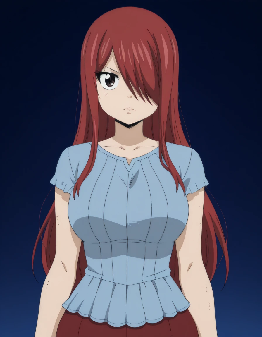 masterpiece, best quality, amazing quality,, <lora:erza-scarlet-100yq-illustriousxl-lora-nochekaiser:1>, erza scarlet, long hair, red hair, hair between eyes, brown eyes, hair over one eye, mature female, breasts, anime screencap, <lora:terrified-noot-noot-ponyxl-lora-nochekaiser:1>, terrified noot noot, looking at viewer, blue background, gradient background, black eyes, gradient, straight-on,, , cowboy shot, solo