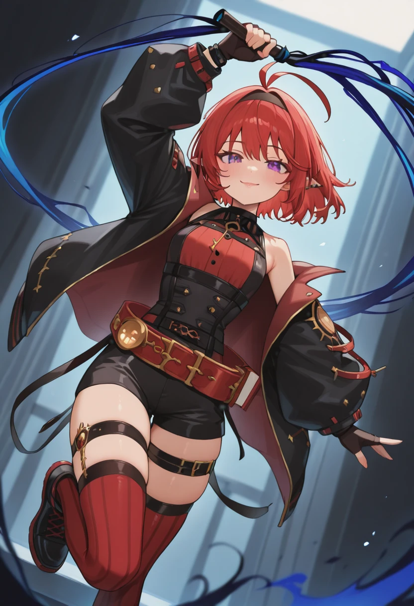 masterpiece,best quality,absurdres,perfect lighting,
*//*,<lora:DFO_SummonerNeo-Illustrious:1>,summoner_neo,1girl,solo,red hair,short hair,ahoge,purple eyes,pointy ears,hairband,belt,black gloves,fingerless gloves,high-waist shorts,striped,black jacket,open jacket,thighhighs,thigh strap,shoes,key,ear piercing,full body,smile,closed mouth,(pink lips:0.8),whip,holding whip,
*//*,looking at viewer,cowboy shot,dutch angle,dynamic pose,