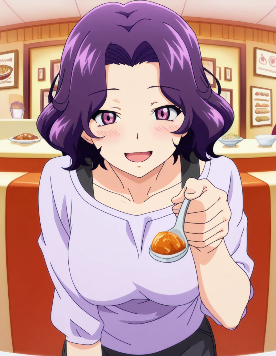 masterpiece, best quality, amazing quality,, <lora:azusa-hamaoka-s1-illustriousxl-lora-nochekaiser:1>, azusa hamaoka, short hair, purple eyes, purple hair, parted bangs, mature female, breasts, anime screencap, <lora:incoming-spoon-ponyxl-lora-nochekaiser:1> incoming food, spoon, holding, holding spoon, food, looking at viewer, open mouth, blush, smile, restaurant, plate, hand up,, , cowboy shot, solo