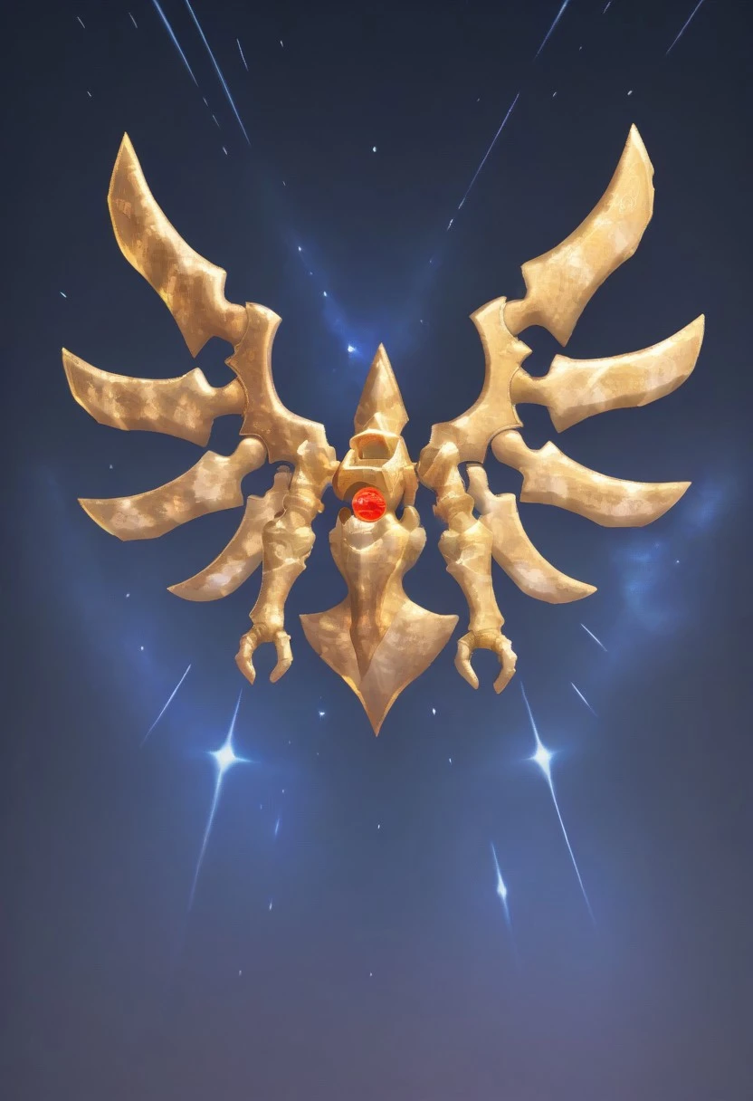 score_9, score_8_up, score_7_up, (best quality), ultra-detailed, high resolution, 8k, Solaris, glowing gold skin, red orb in center, red eye, large wings, pointed bottom, gold arms, shining brightly, space, golden aura, high quality, masterpiece, BREAK outside, Rich, Detailed background, ambient light
