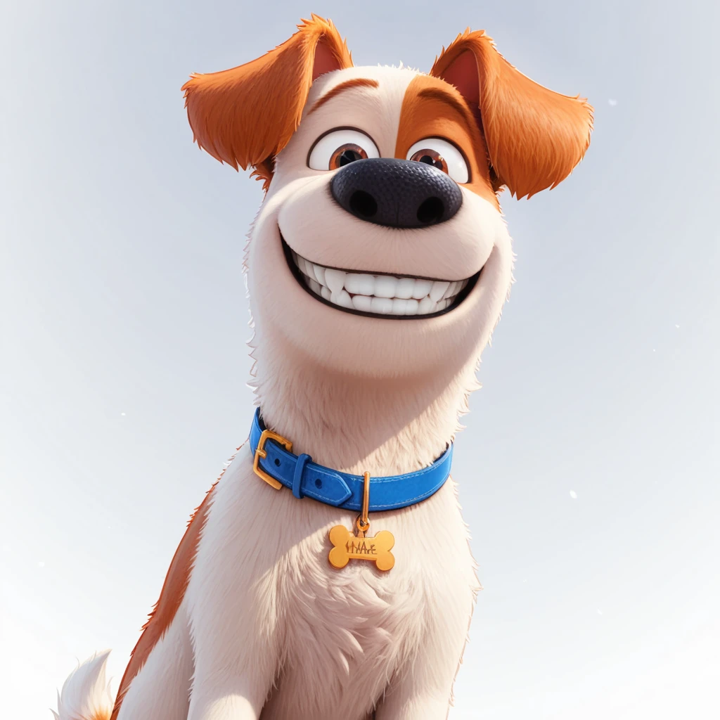 max the dog, solo, best quality, masterpiece, blue collar, white background, low-angle view, looking at viewer, smile, teeth, 
artist:digitslayer, artist:majmajor, best quality, masterpiece, 