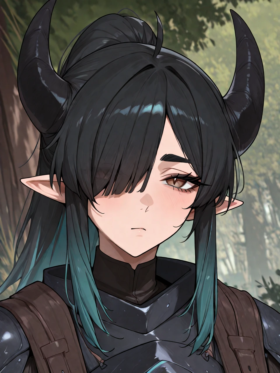 (masterpiece), best quality, (1boy, male, adult), (black hair, black eyebrows, black eyelashes), gradient hair, (turquoise hair:0.9), hair over left eye, undercut hair, wolf cut hair messy hair, (hair over left eye), ponytail hair, long hair, wild hair, long sidelocks, ahoge, (white pupils, slit pupils), black oni horns, turquoise eyes, outdoors, baggy eyes, sleepy eyes, adventurer, wanderer, bounty hunter, plains, black and white armor