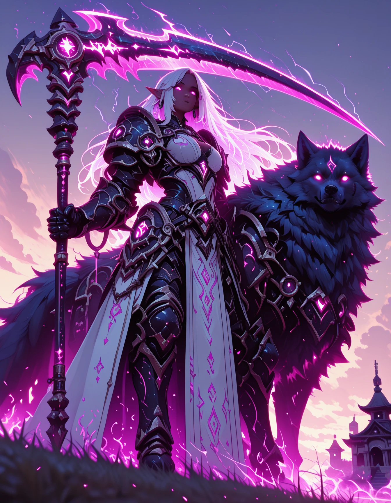 Flatline, Flat vector illustration,,masterpiece, best quality, good quality, very aesthetic, absurdres, newest, 8K, depth of field, focused subject, dynamic angle, dutch angle, Tall female elf knight , purple glowing hair, glowing eyes, wearing detailed 40k power armor, purple electricity sparks, she is standing next to her giant purple glowing wolf companion,, wielding a glowing scythe weapon, magical wolf companion, holofoil glitter, faint, glowing, ethereal, neon hair, long hair, glowing hair, flowing hair, otherworldly glow, dangerous, magical temple in background, temple in background, hkcompanion <lora:MagicalAnimalCompanionWolfIL:0.85> <lora:ScytheIL:0.85> <lora:ck-shadow-circuit-IL:0.6>