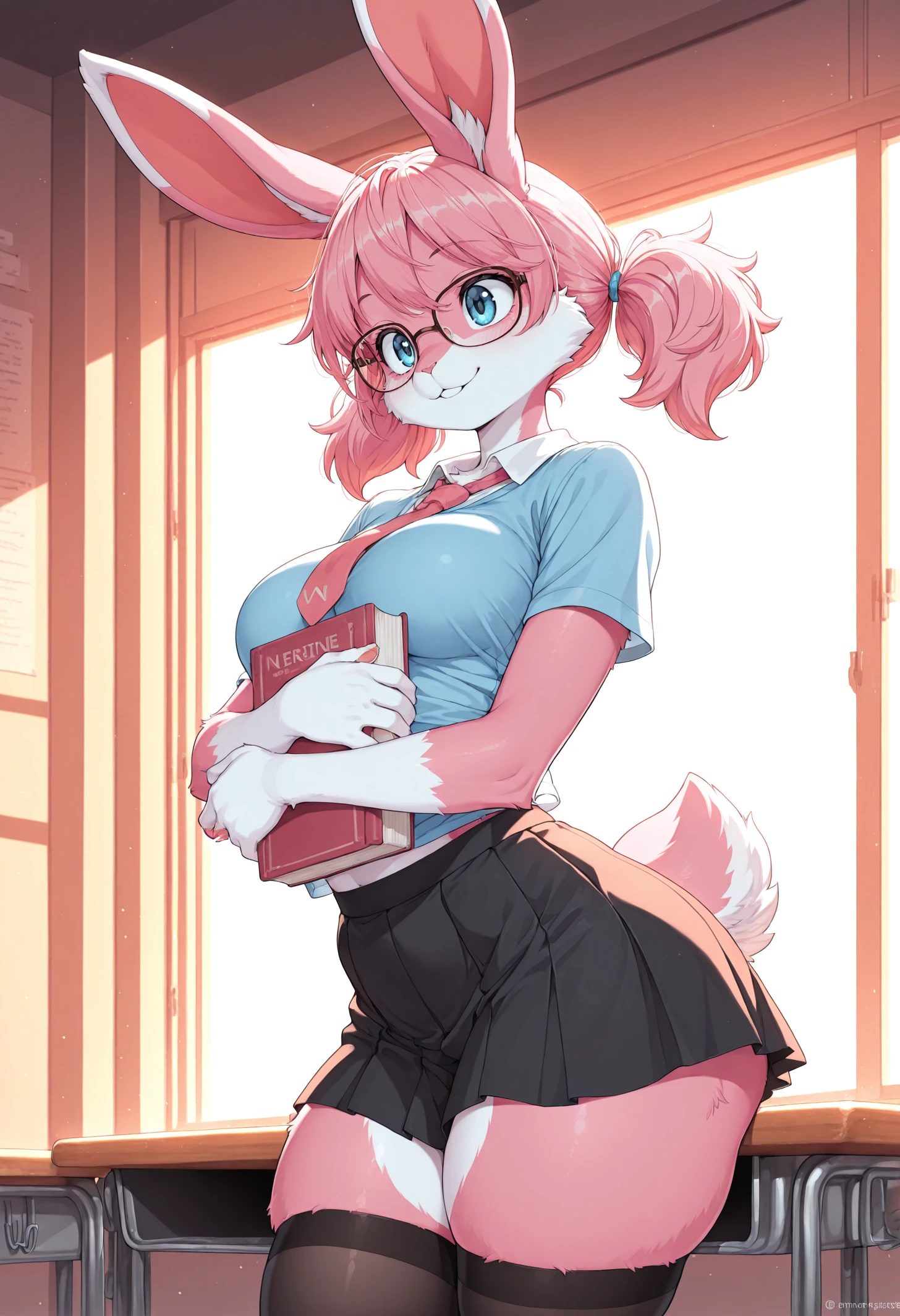 <lora:illustrious_quality_modifiers_masterpieces_v1:1> masterpiece, very aesthetic, absurdres, best quality, amazing quality, vibrant lighting, school background, hugging books, facing viewer, adult female, 1girl, solo, <lora:Nerine_OC:1> Nerine, anthro, bunny girl, blue eyes, glasses, front teeth, closed mouth, smile, pink fur, white fur, multicolored fur, pink bunny ears, wrist fur, short hair, pink hair, long twintails, curvy body, medium breasts, school girl top, necktie, black skirt, thighhigh socks,