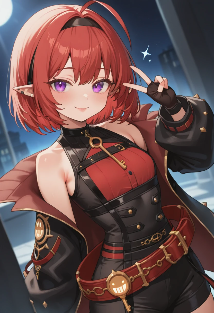 masterpiece,best quality,absurdres,perfect lighting,
*//*,<lora:DFO_SummonerNeo-Illustrious:1>,summoner_neo,1girl,solo,red hair,short hair,ahoge,purple eyes,pointy ears,hairband,belt,black gloves,fingerless gloves,high-waist shorts,striped,black jacket,open jacket,bare shoulders,key,ear piercing,upper body,v,smile,doyagao,closed mouth,(pink lips:0.8),
*//*,looking at viewer,cowboy shot,dutch angle,dynamic pose,