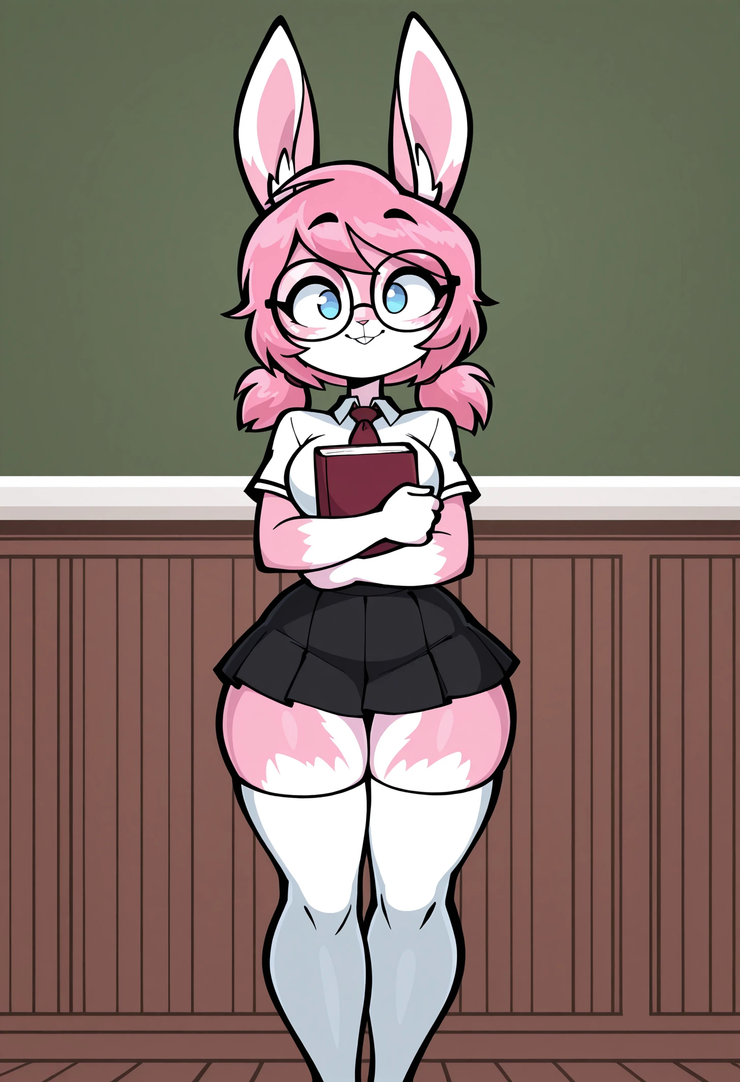 <lora:Jek_Korpen_Style_LoRA:1> jekstyle, school background, hugging book, facing viewer, adult female, 1girl, solo, <lora:Nerine_OC:1 Nerine, anthro, bunny girl, blue eyes, glasses, front teeth, closed mouth, smile, pink fur, white fur, multicolored fur, pink bunny ears, wrist fur, short hair, pink hair, long twintails, curvy body, medium breasts, school girl top, necktie, black skirt, thighhigh socks,