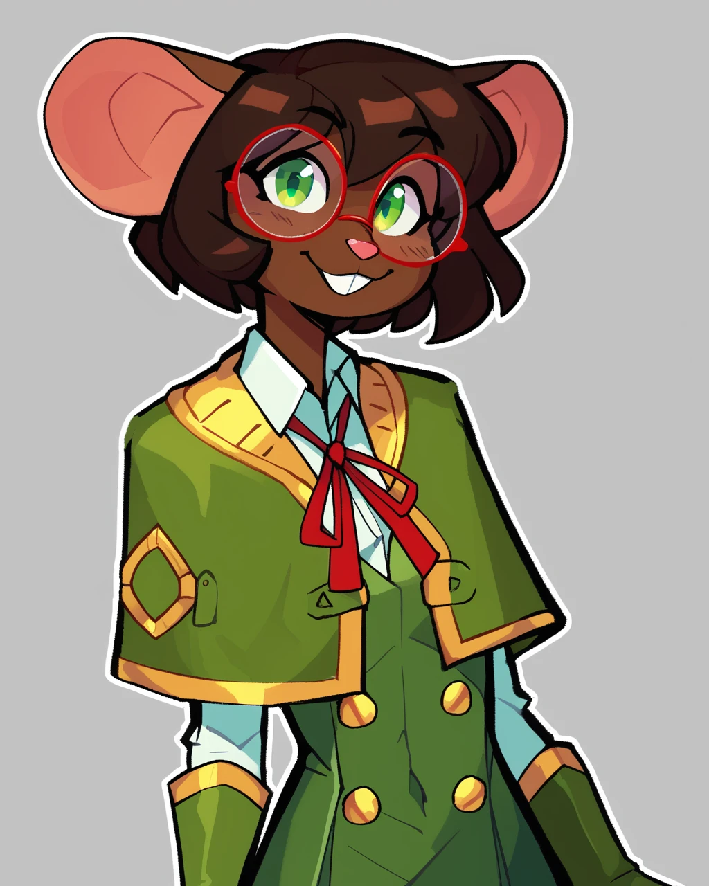 score_9_up, score_8_up, score_7_up, score_6_up, by remanedur, furry female, half-length portrait, female, furry, mouse, green eyes, brown hair, brown skin, short hair, green gloves, capelet, skirt, collared shirt, thigh boots, red round glasses, tail, small breasts, looking at viewer, smile, happy, head tilt, solo, three-quarter view, simple background, white outline, <lora:Leah_Pines(AIM)_XL_v1:0.15> <lora:PDXL_artist_tags_v2_big:0.5> <lora:The-Minuscule-Task_PDXL_v1.0:0.6> <lora:Olive_BumbleSteak:0.7>